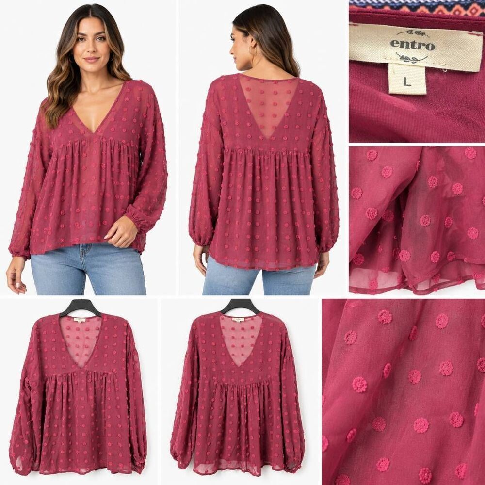 Entro Swiss Dot Sheer Blouse Burgundy L